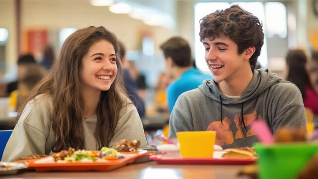Two teenagers smiling enjoying lunch together in school cafeteria with colorful trays food casual clothing happy friendship indoor young adult
