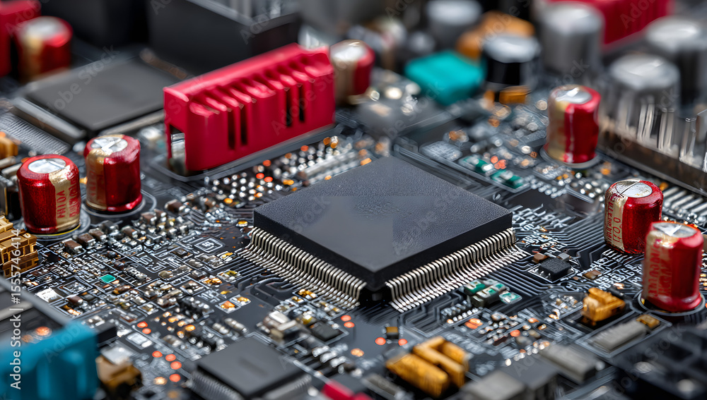Poster close-up of circuit and computer motherboard on a high-tech background.