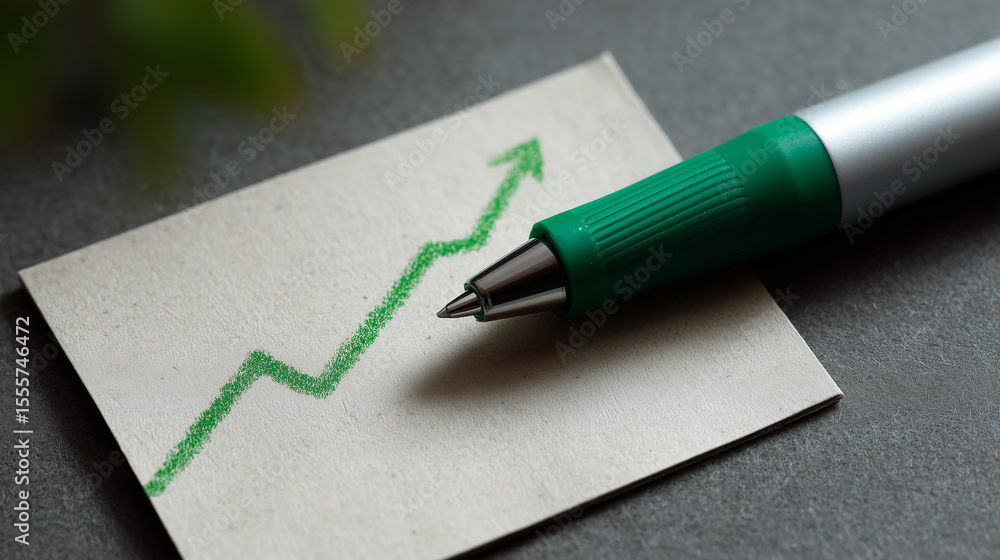 Poster green arrow graph representation with pen on paper showing growth and progress in business concept a
