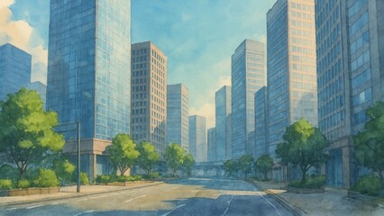 都心の午後に光る高層オフィス街の風景