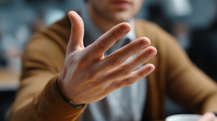 Person Extending Hand to Gesture Communication in Casual Environment with Soft Focus Background and Natural Light Enhancing Warmth and Connection