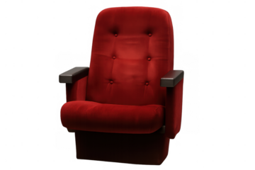 Comfortable red velvet cinema seat isolated on transparent background, ready for your next movie project