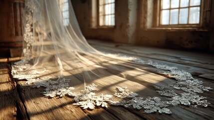 Obraz premium White lace-embroidered wedding veil on wooden floor with sunlight and vintage decor.