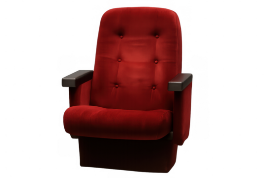 Comfortable red velvet cinema seat isolated on transparent background, ready for your next movie project