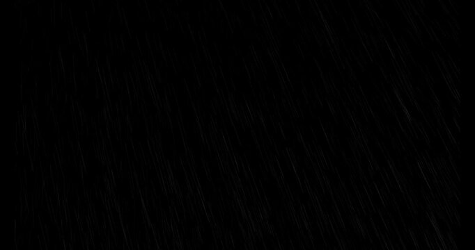 Realistic Rain Falling footage animation in real time on dark black background, Seamless Rain Drops, Heavy Rain, seamlessly looped rain animation Cinematic Rain Effect for Film and Video digital compo