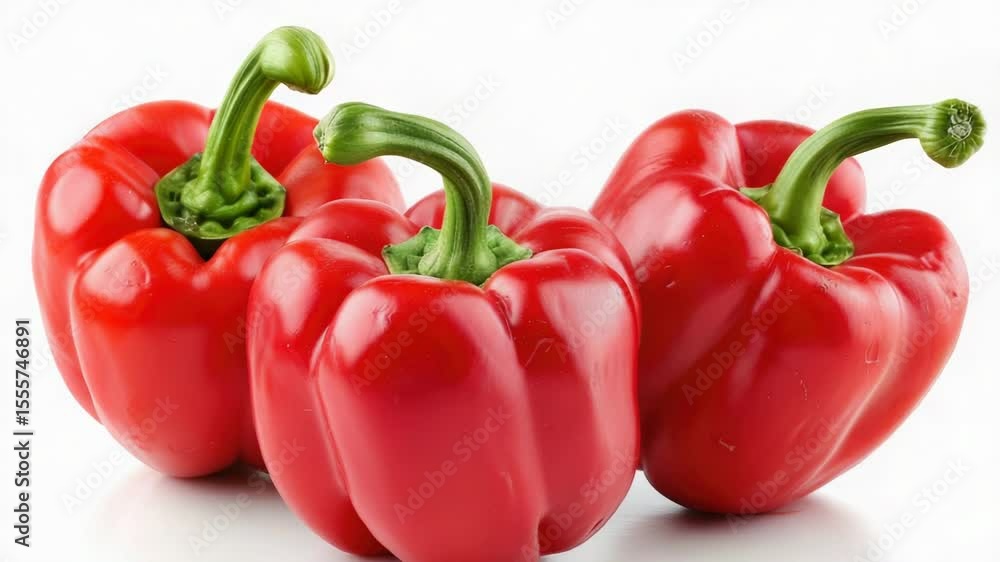 Poster fresh red peppers with green stems on a white background