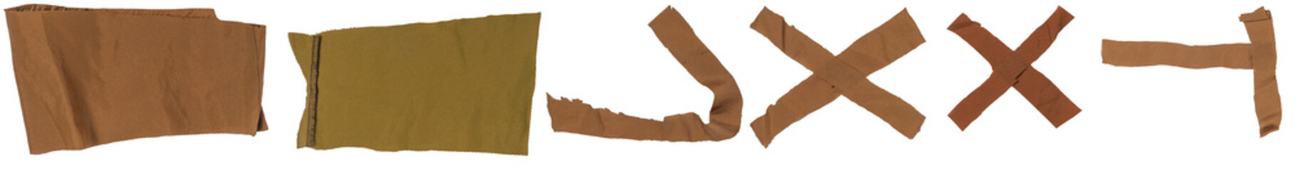 Isolated collection of scraps of fabric with copyspace on white background: stripe, cross, arrow, T-shape, L-shape