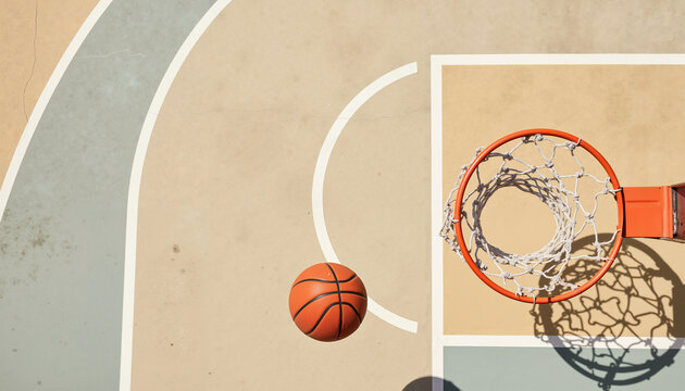 Basketball ball approaching the hoop on street court viewed from above