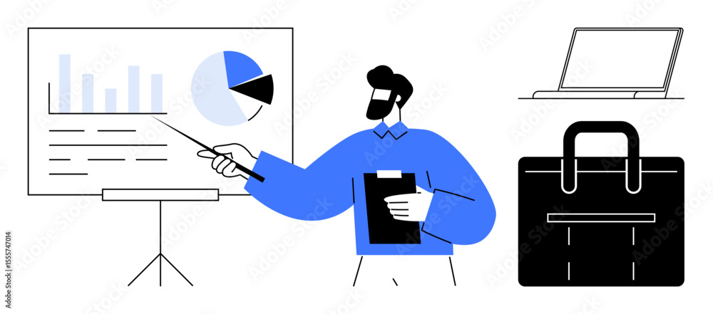 Poster man presenting line graph and pie chart with pointer, clipboard in hand. briefcase and laptop nearby