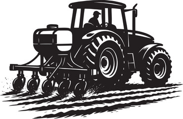 Tractor with Row-Crop Seed Planter – Black and White Silhouette Depicting Precision Planting in Motion © MuhammadSaqeeb