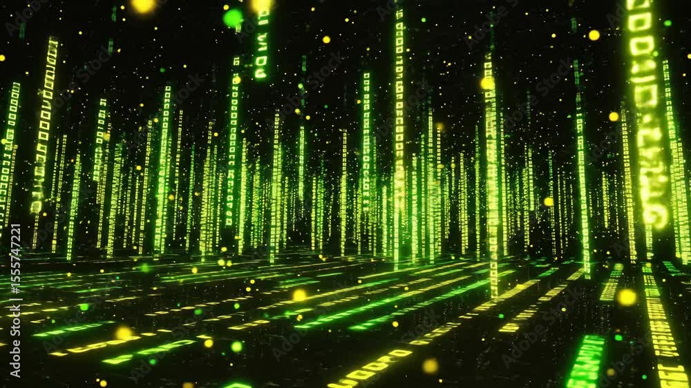 Poster green binary code rain on a black surface