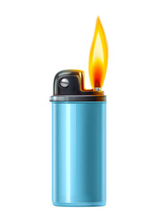 A vividly rendered blue lighter shines brightly, showcasing its flame against a stark transparent background and its sleek metallic design.