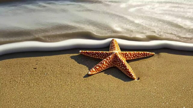 Starfish resting on sandy shore as gentle waves wash over in the early morning light, Starfish on sandy shore with gentle sea waves