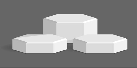 Hexagon podium stage pedestal and platform scene, a modern geometric display composition. Ideal for product showcases, awards presentations, digital promotions, and abstract architectural concepts.