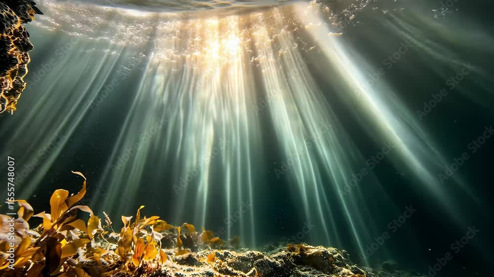 Poster sunray reflections create a mesmerizing display beneath the ocean surface during midday, sunray refl