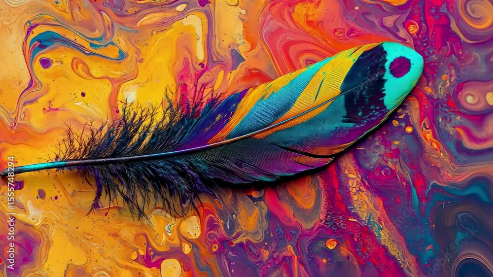Poster vibrant multicolored feather floating on abstract colorful background, vibrant multicolored feather 