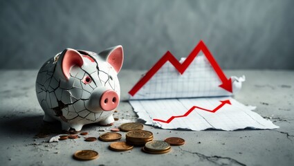 Cracked piggy bank on broken ground with coins scattered around, symbolizing fragile economy and financial instability 