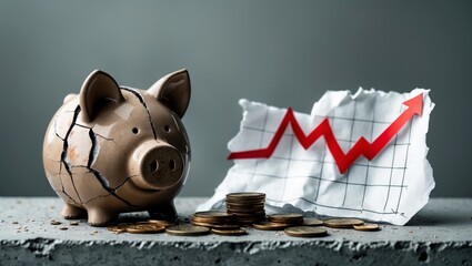 Cracked piggy bank on broken ground with coins scattered around, symbolizing fragile economy and financial instability 
