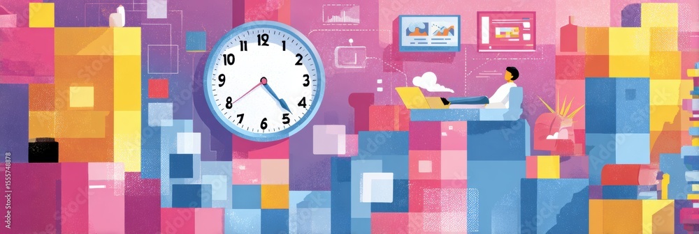 Poster Vibrant infographic highlights key time management tips for teens using digital blocks and a clock for improved productivity and organization.