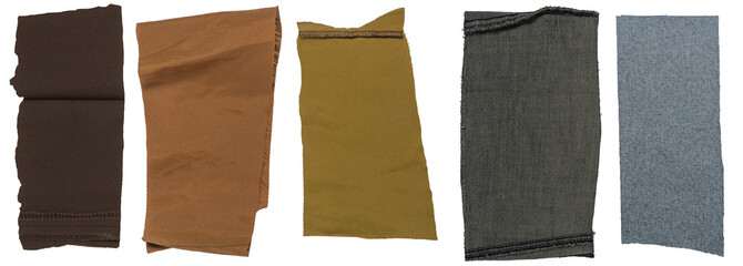 Isolated collection of diffirent scraps of fabric with copyspace on white background