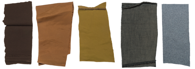 Isolated collection of diffirent scraps of fabric with copyspace on white background