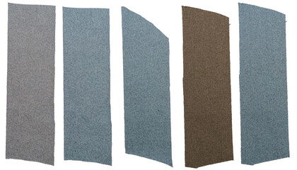 Isolated collection of pastel color scraps of fabric with copyspace on white background