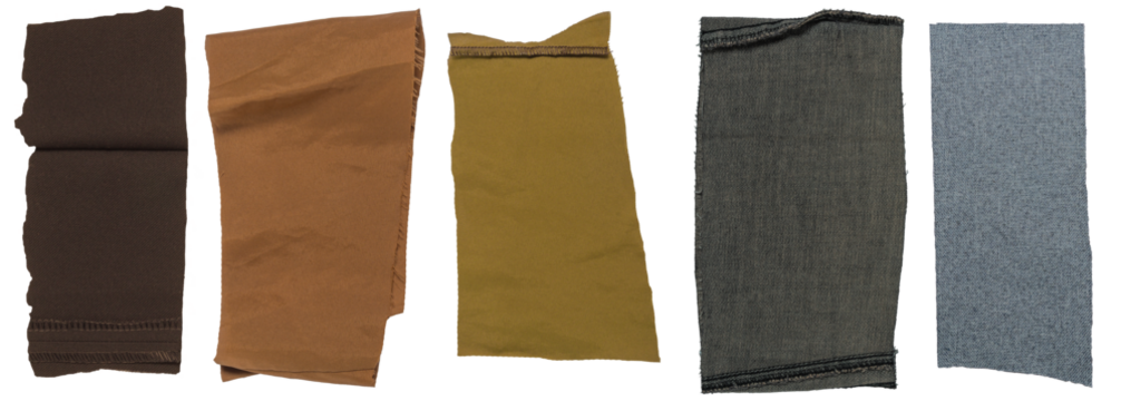 Isolated collection of diffirent scraps of fabric with copyspace on white background