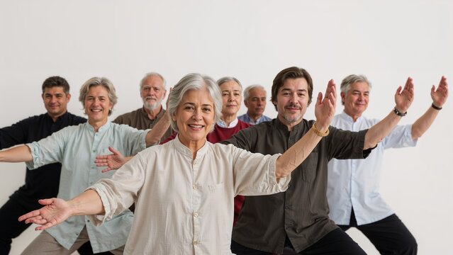 Group of older adults practicing tai chi together in a bright studio with a white background smiling - Powered by Adobe