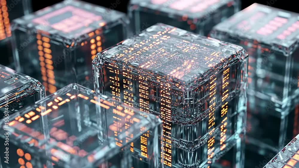 Poster close up of intricate computer code within translucent glass cubes arranged seamlessly, computer cod