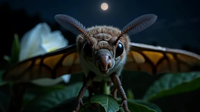 Observe a hawk moth detailed close-up with its elongated snout, large eyes, and wings rapidly beating amidst a night blooming flower under a moonlit backdrop captured in 4k.
