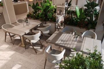 Top-down view of a modern café with wooden tables, soft upholstered chairs, and lush indoor plants. Natural light and subtle shadows highlight the elegant geometric floor pattern, creating a calm and 