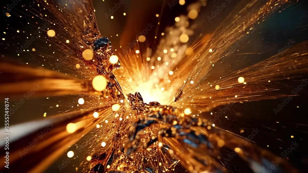 Poster close up shot of a bursting copper pipe releasing water in a dramatic display of splashes and reflec