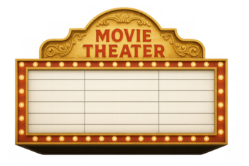 Classic movie theater marquee sign with glowing lights and blank white space for adding custom text, isolated on transparent background