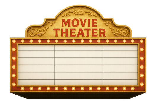 Classic movie theater marquee sign with glowing lights and blank white space for adding custom text, isolated on transparent background