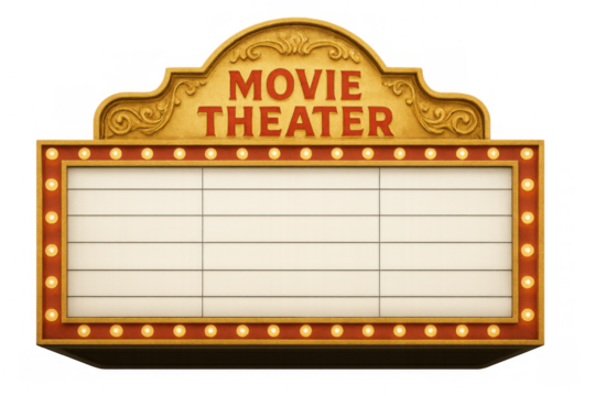 Classic movie theater marquee sign with glowing lights and blank white space for adding custom text, isolated on transparent background - Powered by Adobe