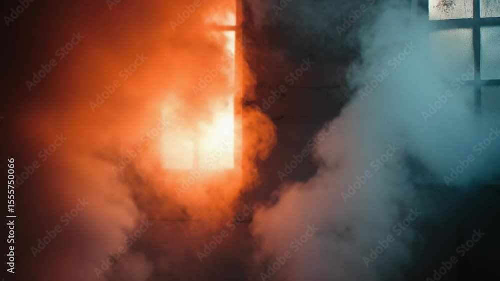 Poster A fire is burning out of control from a building, emergency response in progress