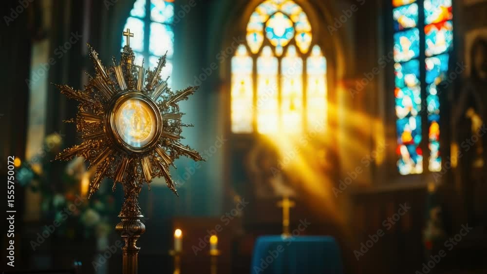 Poster a golden clock sits in front of a beautiful stained glass window