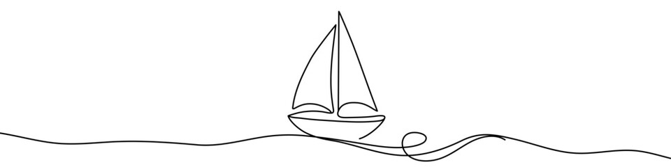 Black sailboat in single line art style. Editable minimalist boat drawing on white background. Vector illustration.