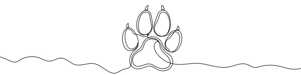 Black animal paw print in one line art style. Paw print drawing with editable stroke on white background. Vector illustration. © chekman