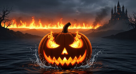 A spooky jackolantern floats on water with a burning landscape behind