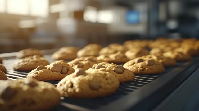 Freshly baked cookies on a cooling rack in a factory