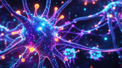 Obraz premium Neural Network Activity with Glowing Brain Connections, High-Resolution Concept Art
