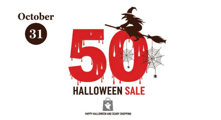 Halloween sale with 50 percent discount and witch silhouette