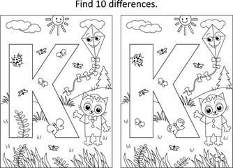 Letter K difference game and coloring page. K is for kitten. K is for kite.
