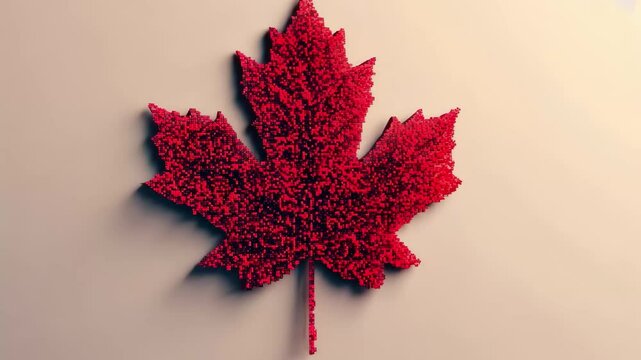 Red Canada maple leaf depicted in a pixel art style showcasing vibrant hues and intricate detail, Red Canada Maple Leaf made of pixels 3D render
