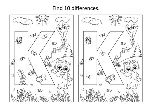 Letter K difference game and coloring page. K is for kitten. K is for kite.
