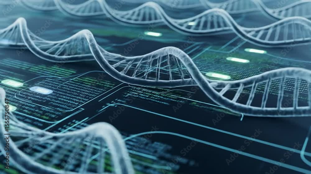 Poster analyzing genetic code strands on screen medical data stream