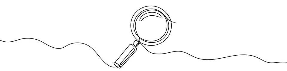Black magnifying glass in one line art style. Magnifying glass drawing with editable stroke on white background. Vector illustration.