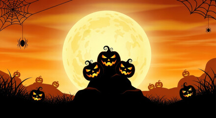 Spooky halloween pumpkins silhouetted against a full moon