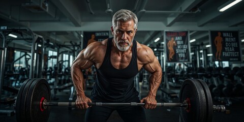 A muscular older man lifting a barbell in a gym with posters in the background and equipment around
